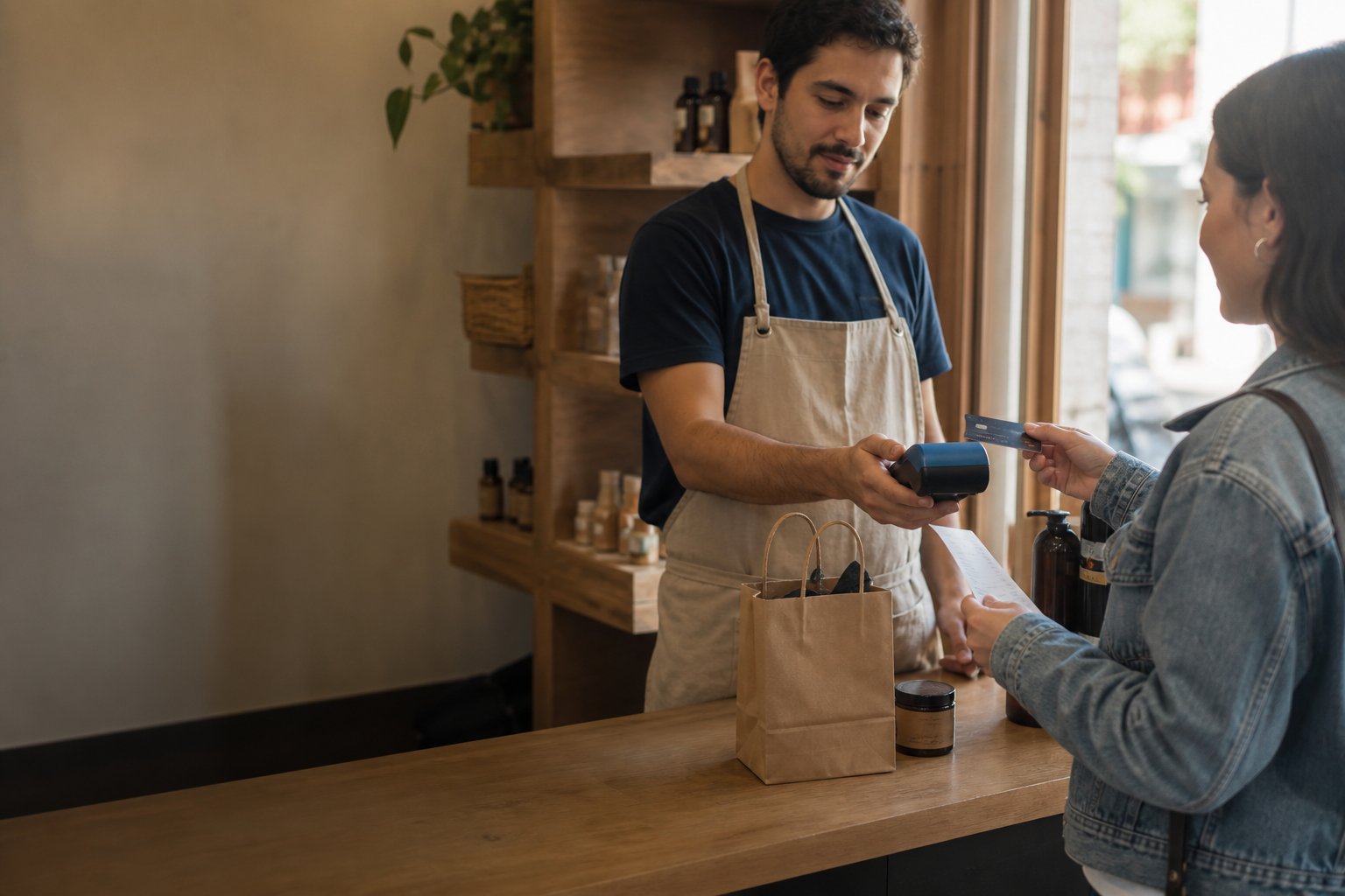 Comerciante procesando una venta con tarjeta en su local