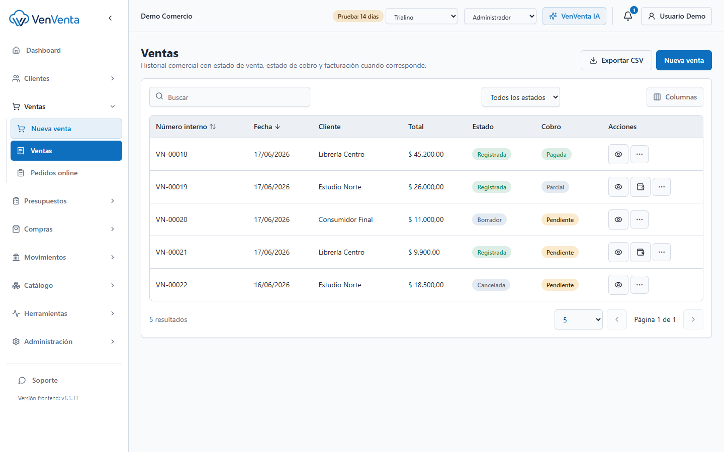 Pantalla de Ventas de VenVenta con el listado de operaciones, clientes, importes y estados de cobro, y acceso a las demás áreas del sistema